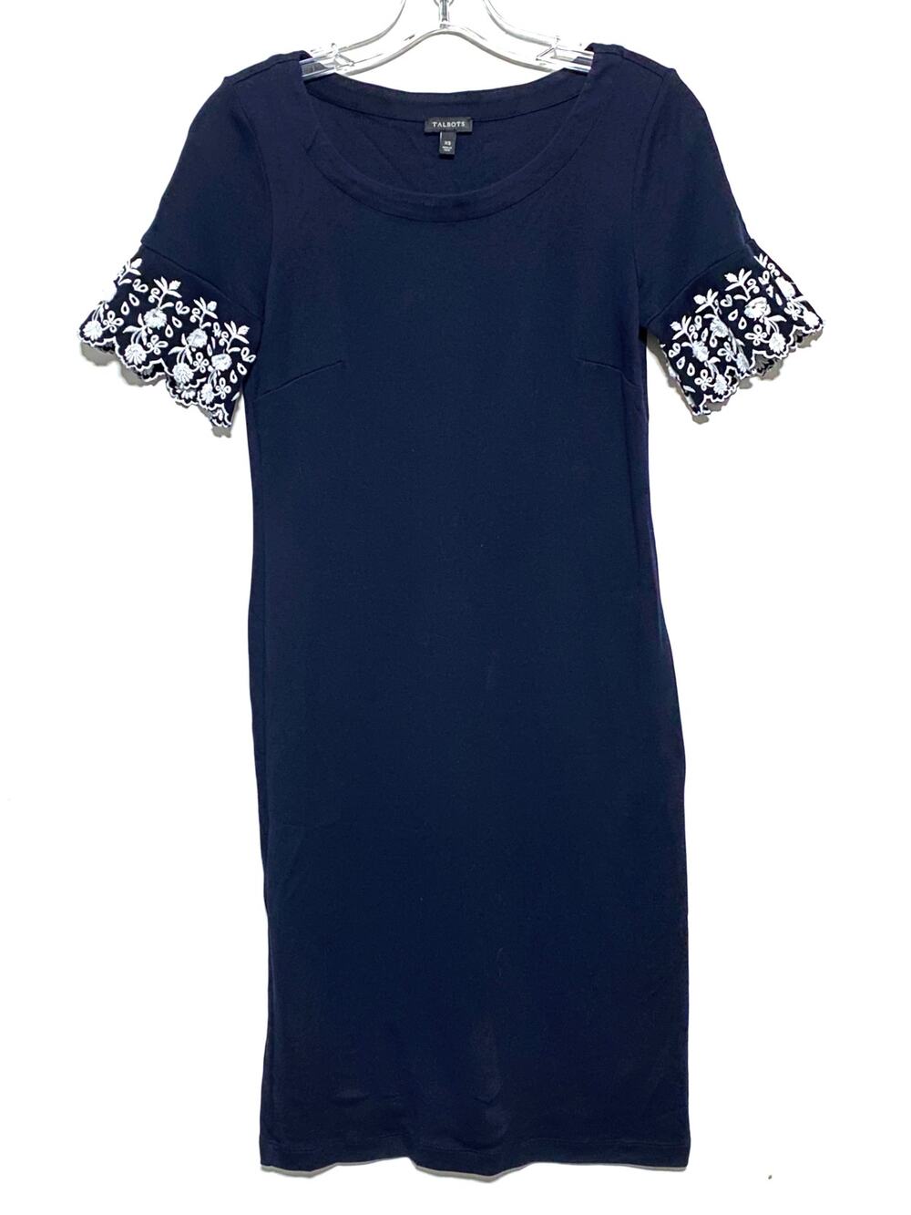 Talbots Embroidered Scalloped Sleeve Dress Womens XS Navy Preppy Coastal Classic